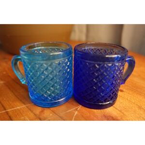 Vintage aqua and cobalt‎ blue glass cups with handles with diamond design